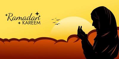 ramadan kareem banner horizontal con ilustración de mujer musulmana rezando. paisaje con amanecer de fondo vector