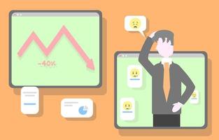 stock market crash, a downward trend in stock prices is depicted on a graph. The sad man sees the value of his portfolio decline as a result of the market vector