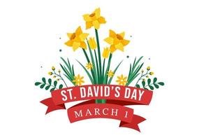 feliz día de san david el 1 de marzo ilustración con dragones galeses y narcisos amarillos para la página de inicio en plantillas planas dibujadas a mano de dibujos animados vector