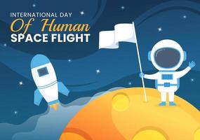 día internacional del vuelo espacial humano el 12 de abril ilustración con cohetes y niños astronautas en dibujos animados planos dibujados a mano para plantillas de página de destino vector