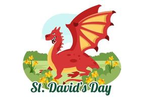 Happy St David's Day on March 1 Illustration with Welsh Dragons and Yellow Daffodils for Landing Page in Flat Cartoon Hand Drawn Templates vector