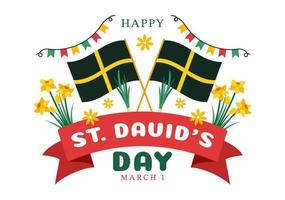 Happy St David's Day on March 1 Illustration with Welsh Dragons and Yellow Daffodils for Landing Page in Flat Cartoon Hand Drawn Templates vector