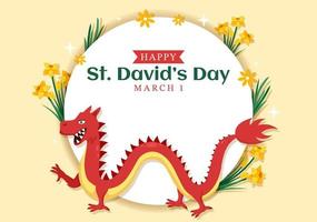 Happy St David's Day on March 1 Illustration with Welsh Dragons and Yellow Daffodils for Landing Page in Flat Cartoon Hand Drawn Templates vector