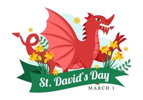 Happy St David's Day on March 1 Illustration with Welsh Dragons and Yellow Daffodils for Landing Page in Flat Cartoon Hand Drawn Templates vector