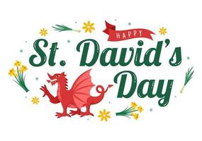 Happy St David's Day on March 1 Illustration with Welsh Dragons and Yellow Daffodils for Landing Page in Flat Cartoon Hand Drawn Templates vector