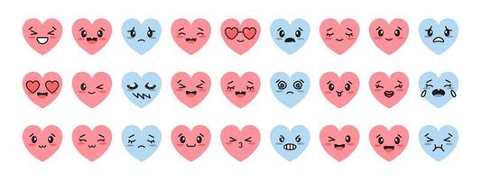 Big set of Hearts with different Kawaii Emotions. Isolated Hearts Icons on white background. Vector illustration.