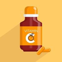 Bottle of Vitamin C. Label supplement with a slice of oranges. Capsule and pills for Nutrition. Vector illustration.
