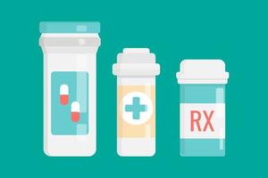 Set of Medicine Bottles with labels and Pills. Prescription drugs, tablets and capsules.Vector illustration in flat style. vector