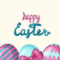 Happy Easter banner, poster, greeting card. Trendy Easter design with typography, bunnies, flowers, eggs. vector
