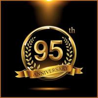 Celebrating 95 years anniversary logo with golden ring and ribbon vector