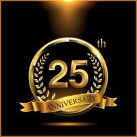 Celebrating 25 years anniversary logo with golden ring and ribbon vector