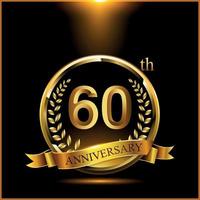 Celebrating 60 years anniversary logo with golden ring and ribbon vector