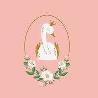 Swan princess portrait in floral oval frame on pink background. Cute swan bird in crown childish vector illustration for t-shirt print, baby shower template, invitations, kids decor, wall art, poster.