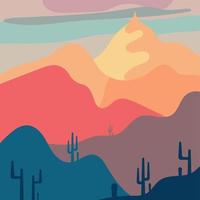 Flat abstract icon, sticker, button with desert, colored mountains, sun, cactuses. vector