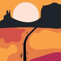 Flat abstract icon, sticker, button with desert, sun, cactuses, mountain and road. vector