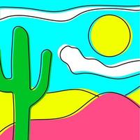 icono geométrico abstracto plano, pegatina, botón con desierto, sol, cactus, estilo de una línea. colores neon vector