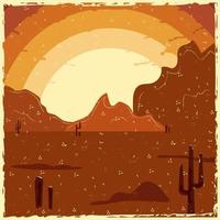 icono abstracto plano, pegatina, botón con desierto, montañas, sol, cactus en colores naranja y marrón brillantes en estilo retro con arañazos vector