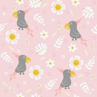 Seamless pattern with tropical birds and plants, cartoon flat style. Colorful summer background vector