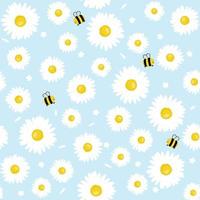 Chamomile flower with funny bee on blue background vector