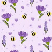 flores moradas y estilo de dibujos animados de abejas vector