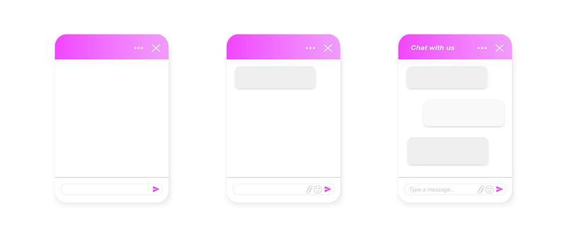 Chat bot pop up screen templates. Life chat windows empty and with message bubbles. Virtual assistant concept. Mobile messenger app design