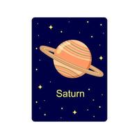 Saturn planet on flashcard. Educational material for kids. Space science learning in primary school and kindergarten vector