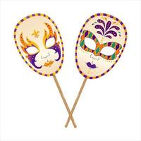 dos máscaras circulares en palo para la mascarada de mardi gras en estilo plano. martes gordo. tarjeta de felicitación, pancarta, póster. vector