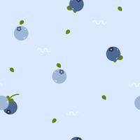arándano de fruta de naturaleza pastel, lindo, dulce y mínimo sin costuras con patrón de repetición de hoja en diseño de ilustración de vector plano de fondo azul