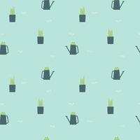 seamless hand drawing cactus and watering can repeat pattern in green background, nature concept, flat vector illustration design