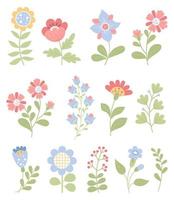 Collection decorative seasonal flowers. Vector illustration in flat style. Isolated botanical plants for design, decor, decoration, greeting and wedding cards.