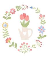 Spring postcard frame. Bouquet of tulips in garden watering can and variety of flowers. Vector illustration. Isolated elements in flat style for design, decor, postcards and print.