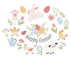 Spring Easter collection. Easter eggs, animals, insects and flowers. Vector illustration in flat style. Isolated holiday symbols in flat cartoon style for design, decor and kids collection.