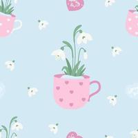 Floral seamless pattern. spring snowdrop flowers in cup on light blue background. Vector illustration. Botanical endless background for decor, design, packaging, wallpaper, textile