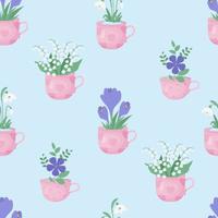 Spring floral seamless pattern. Bouquet flowers of snowdrop, May lilies of the valley, purple crocuses and periwinkle in cups on light blue background. Vector illustration.