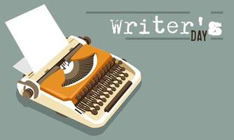 World Writer's Day. Writer's Day. A typewriter with printed text and a place for text. A banner of the World Writers' Day with a bright orange and white retro typewriter. Flat vector illustration.