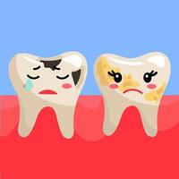 Cute teeth with emoticons, after eating. Dirty and with caries, dissatisfied, sad teeth with emotions. A girl and a boy and an inscription. Teeth in a flat style on a blue background of gums vector