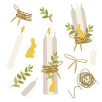 A set of Easter candles with fire and decor for table decoration. A bunch of simple white candles with a tourniquet and a branch. Vector illustration for postcards, banners on a white background