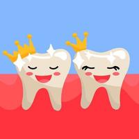 Cute toothy smiling teeth with crowns. Clean, even, joyful teeth with emotions. A girl and a boy and an inscription. Teeth in a flat style on a blue background of gums vector