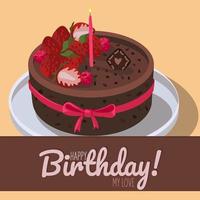 una tarjeta de felicitación con un gran pastel de chocolate y la inscripción feliz cumpleaños. pastel de chocolate con fresas y una vela en un plato. ilustración vectorial impresión en una postal, pancarta, volante vector