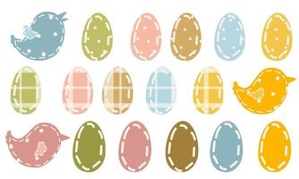 un conjunto de huevos de pascua con la textura de diferentes tipos de tela en diferentes colores. el contorno de huevos y pájaros está hecho de guisante, jaula y tela lisa en diferentes colores. ilustración vectorial vector