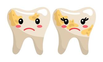 Cute teeth with smiley faces, After eating. Dirty, even, dissatisfied, sad teeth with emotions. A girl and a boy and an inscription. Teeth in a flat style on a white background vector