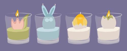 A set of Easter candles with colored elements inside a glass cup. A chicken, a flower, a hare, an egg made of candle wax in a transparent glass. easter candles. Use for banner flyers Illustration flat vector