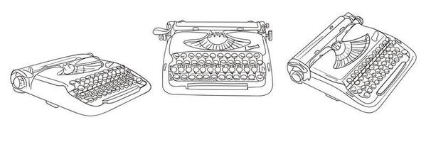 A set of contour typewriters for the holiday. Writer's Day. Poets' Day. Typewriter on a white background. World Writers' Day with a contour retro typewriter in different angles. Linear vector graphics