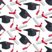 A pattern of graduation hats and diplomas for graduating from high school or college. Class 2023 in black and red colors. Congratulations to the graduates of 2023 background postcard. Packaging vector
