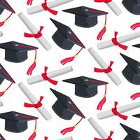 A pattern of graduation hats and diplomas for graduating from high school or college. Class 2023 in black and red colors. Congratulations to the graduates of 2023 background postcard. Packaging vector