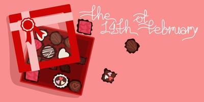 A postcard with a box of chocolates for Valentine's Day. A box of chocolates with text. Printing on paper. postcard, banner for the holiday of all lovers vector