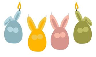 A set of Easter candles in the form of simplified rabbits, hares. Colored hares in the shape of an egg with wax candle ears with a wick. Easter candles. Use for banners of flyers. Illustration flat vector