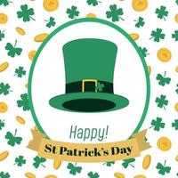 Festive Happy Saint Patrick's Day Greeting card leprechaun hat, background pattern with gold coins, and clover leaves. Vector illustration for poster, flyer, invitation