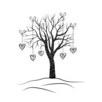 Drawing of a tree with hearts filled with a pattern of spirals on a white background. Vector illustration