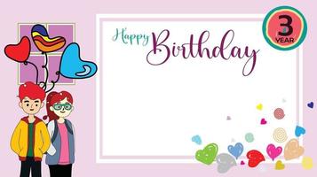 Happy birthday greeting cards with blank space areas and cartoon characters. Balloon icon. Glitter love. vector